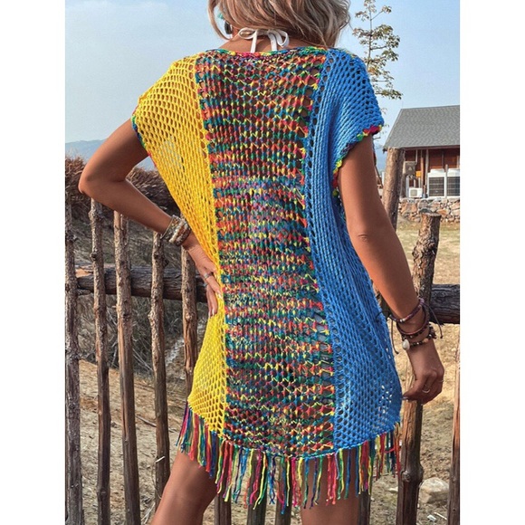 🍭 BOHO MULTI KNIT FRINGE LOOSE FIT BEACH COVERUP DRESS! - Picture 3 of 6